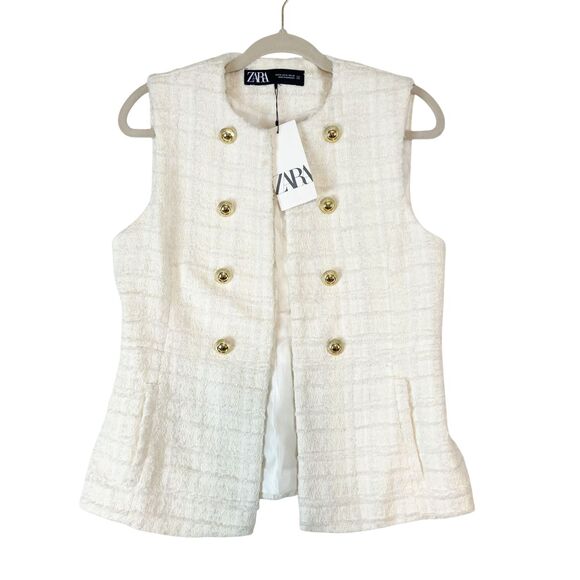 Zara Tweed Vest Women's M Ivory Gold Buttons Textured Lined  Designer Inspired - Picture 1 of 6